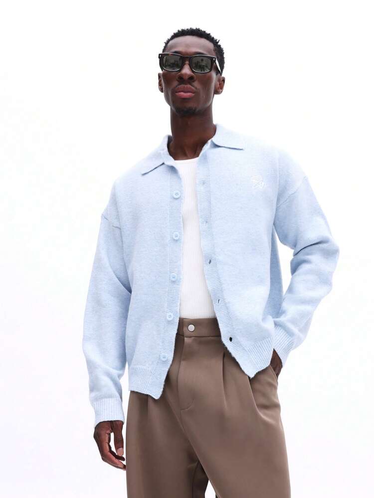 Light Blue Marled Knit Collared Cardigan