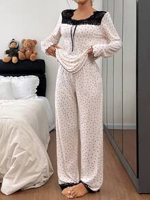 SHEIN Côtesoire Women's Apricot Square Neck Hollow Lace Trim Bow Tie, Soft & Comfortable Polka Dot Print Milk Silk Fabric Long Sleeve Pajama Set, Elegant & Romantic Loungewear Polka Dot Pajama Set Cute Sleep Wear Women - Apricot - View 2