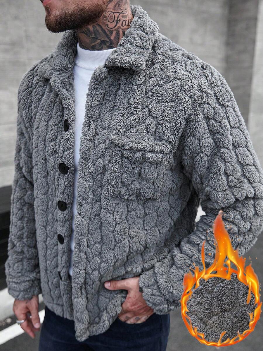 Manfinity CasualCool 男士单排扣口袋休闲抓绒长袖大衣，秋冬灰色大衣