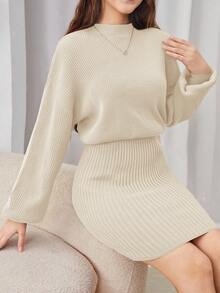 SHEIN 杏色圆领收腰修身优雅复古针织连衣裙，适合少女秋冬休闲/通勤