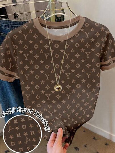 Resyla Women's Logo Print Graphic Loose Casual Contrast Block Color Strip Round Neck T-Shirt Top