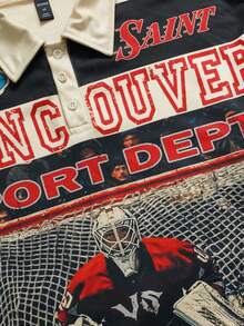 ROMWE MEN Prep Camiseta polo de manga larga con estampado y rayas para hombre, estilo universitario casual