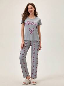 Loomlin 100% 纯棉 2 件撞色心形印花短袖睡衣套装 100% 纯棉 2 件撞色心形印花短袖睡衣套装