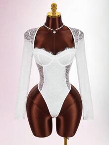 Amplova Women's Retro Elegant Sweetheart Neck Sheer Lace Bustier Bodysuit White Sexy Top Lace Undershirt Long Sleeve Sexy Bodysuit Lace Bodysuit White Lace Bodysuit Lace Long Sleeve Bodysuit Bodysuit For Women Vacation Outfits Women Y2K Valentine's Day