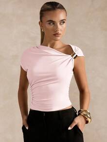 SHEIN BAE Women's Y2K Solid Color Metal Decor Asymmetric Neck Ruched Fitted T-Shirt