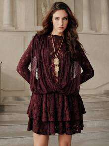 Anewsta Savoree Fashionable Lace Hollow Out Fitted Knit Dress, Elegant Party Dress, Loose Short Style Suitable For Christmas, Thanksgiving Outfit - Burgundy - View 4