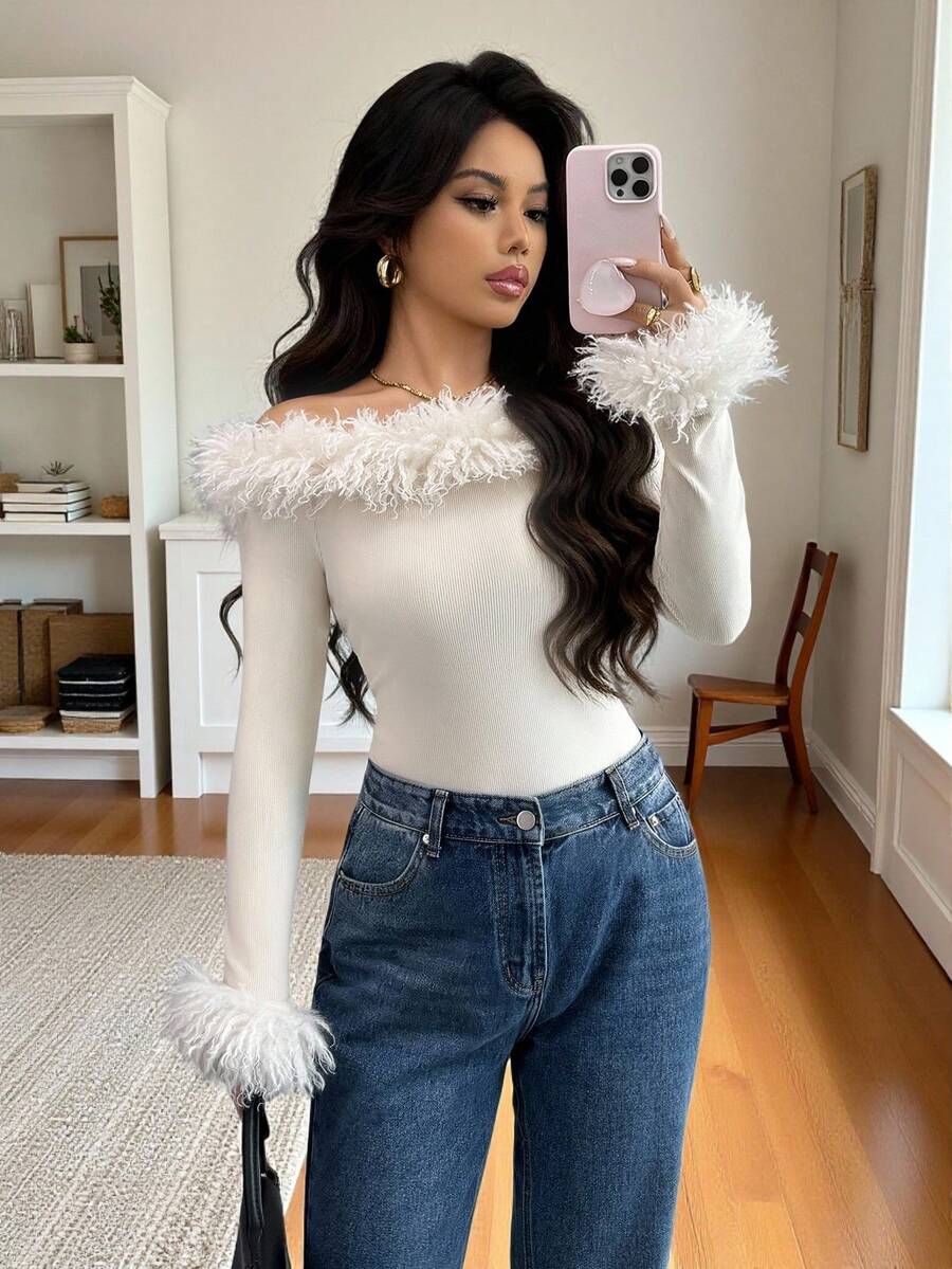 Rafferiza Women's Fashionable New Faux Shearling Fur Trim Off-Shoulder Fitted Knit Sweater, Suitable For Daily Wear, Weddings, Galas, Commuting, Graduation Parties, Holidays, Dates, Parties, Halloween, Christmas, New Year, Thanksgiving - Apricot - View 1