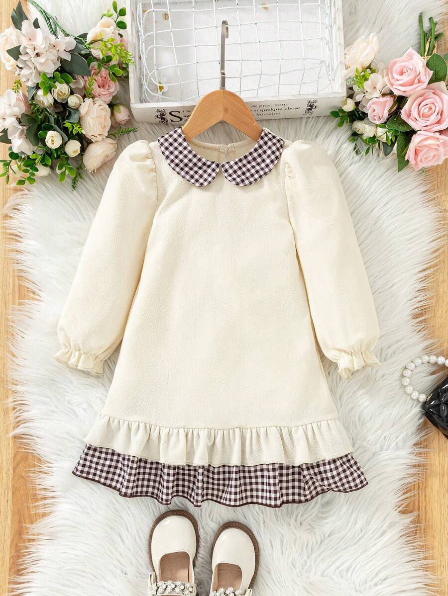 Young Girl Plaid Print Ruffle Hem Elegant Long Sleeve Dress - Apricot - View 1