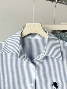 休闲宽松长袖少女衬衫 - 藍色 - 查看 3