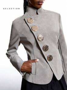 LYSMO 2025 New Arrive Minimalism Winter Women's Metal Single-Breasted Stand Collar Long Sleeve Fashion Jacket - Camel - View 5