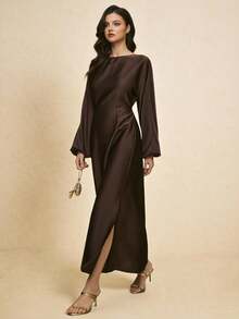 Poéselle Women's Solid Color Round Neck Lantern Sleeve Side Slit Hem Elegant Dress,Chocolate Satin Long Sleeve Maxi Dress - Elegant Side Slit Holiday Christmas Evening Gown For Women - Rust Brown - View 1