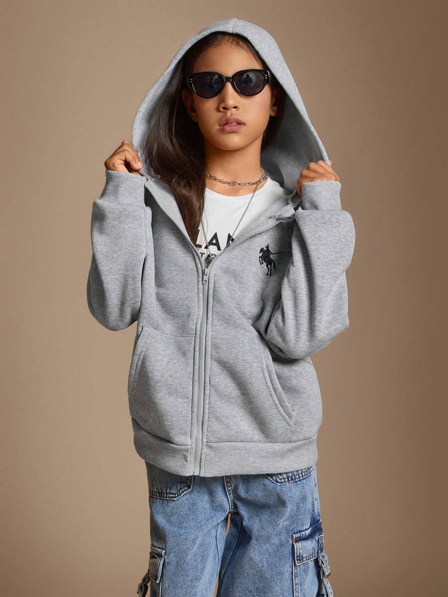 Radiana Tween Girl Zip Up Grey Solid Color Hoodie Sweatshirt,In Fall/Winter - Grey - View 1
