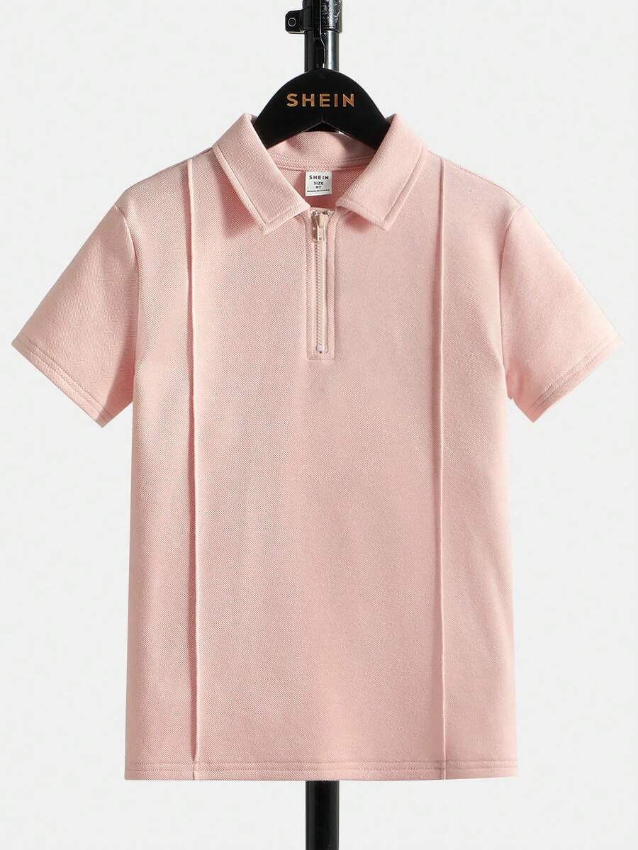 SHEIN 男童休闲纯色半拉链 Polo 衫 - 粉色 - 查看 1