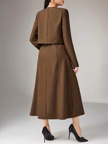 Heiryn 女士纯色简约长袖外套连衣裙两件套，日常穿着 - 棕色 - 查看 3