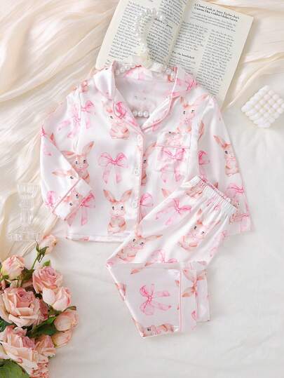 Baby Girls Pajamas-2 Piece Satain Pajama Set Spring To Summer White Pink Bunny Bow Print Collared Long Sleeve Button Up Top Long Pants Soft Cozy Sleepwear Nightwear Loungewear Toddler Infant Four Seasons Holiday Essential 2026 Cute Charming Giftable Playful Classic