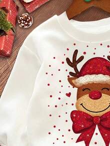 SHEIN Model minimalist casual de Crăciun cu reni drăguți, buline roșii, alb crem, stil balet la modă, moale și drăguț, festiv, hanorac tricotat confortabil cu mânecă lungă, cu guler rotund lejer, potrivit pentru toamnă/iarnă, ieșiri de Crăciun