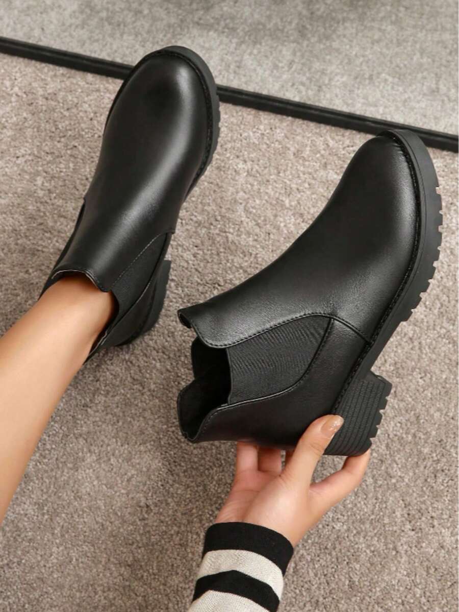 Botín de mujer diseño clásico punta redonda sin cordones tacón grueso estilo minimalista para trabajo y diario - Negro - Ver 1