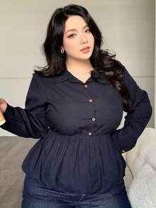 Dazy Plus 純色翻領寬鬆下擺優雅休閒長袖襯衫校園風 - 藏蓝色 - 查看 5