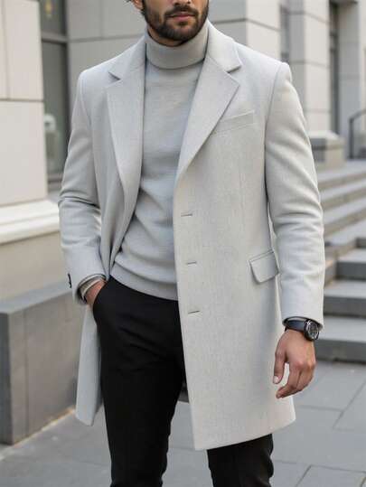 Manfinity Homme Abrigo largo de manga larga con bolsillo y botones de unicolor para hombres, abrigo para salir en otoño, para regalos a amigos, esposo, novio, invierno