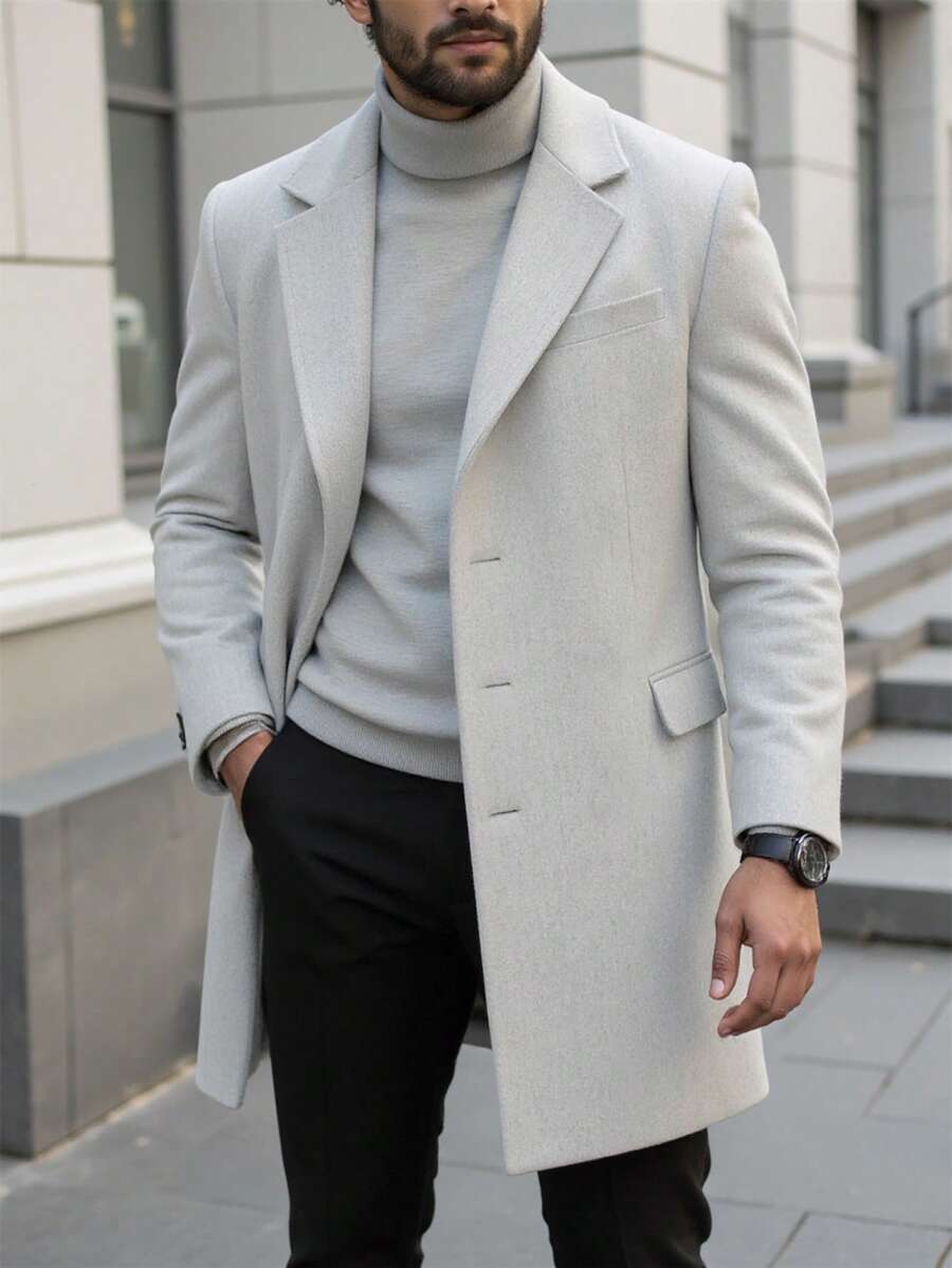 Manfinity Homme 男士纯色口袋纽扣长袖外套，秋季外出外套，送给朋友、丈夫、男友的冬季礼物 - 灰色 - 查看 1