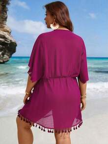 Swim Lushoire 大码女士和服浴袍，轻薄透气，开衩设计，流苏边饰，宽松版型，腰部系带，黑色，成熟优雅，沙滩装 - 中紫紅色 - 查看 2