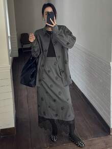 DAZY Women's Butterfly & Flower Embroidered Collar Loose Long Sleeve Shirt And Lace Patchwork Long Skirt Casual 2-Piece Set - Grey - View 3