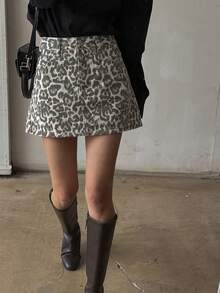 DAZY Women's Leopard Print Denim A-Line Skirt, Minimalist & Fashion For Casual Daily Wear Jeans Skirt - Brown - View 4