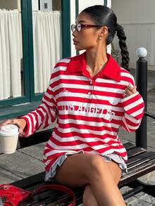 Muchica Women's Casual Red Striped Letter Print T-Shirt For Going Out Outfits, Back To School, Streetwear, Y2K Clothes, Autumn Clothes, Striped Long Sleeve,Graphic Tees - Red and White - View 3