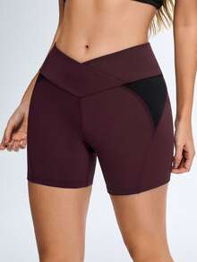 Gameset SHEIN Sport Damen Überlappende Taille Farbblock Yoga Shorts - Bordeaux - Übersicht 4