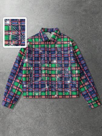 Street Life Men's Shirt With Rhinestone Plaid Pattern, Long Sleeve, Streetwear American Style