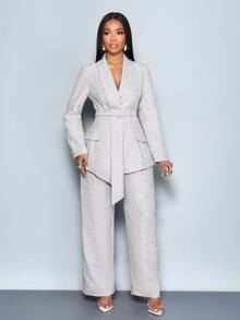 SOLERSUN Women's Light Grey Summer Elegant Office Tweed Suit Set,Vintage Lapel Collar Asymmetrical Hem Belted Blazer Jacket & Pants Simple Commuter Fashion - Grey - View 3