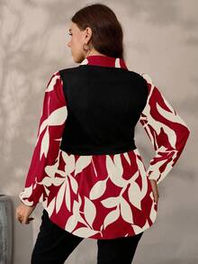 EMERY ROSE Plus Size Women Floral Print Patchwork Knit Casual Top, Autumn/Winter - Red - View 2