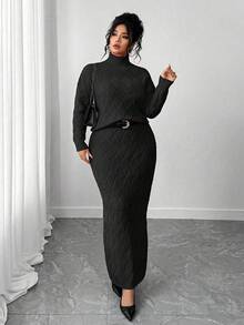 Elenzga 大码毛衣和紧身裙两件套，休闲宽松圆领套头衫 - 黑色 - 查看 6