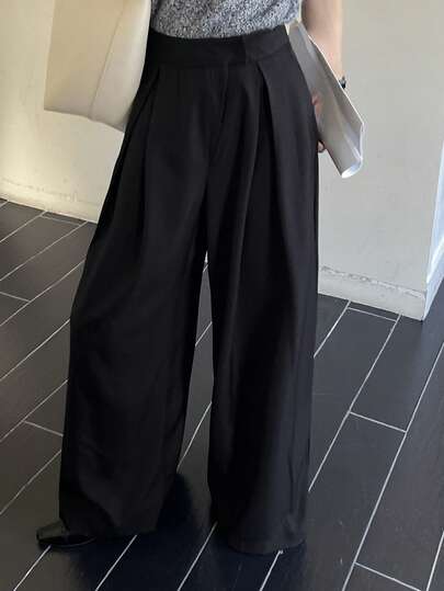 DAZY Women's Pleated Wide Leg Pants, Elegant Formal Loose Solid Color Trousers, Autumn/Winter
