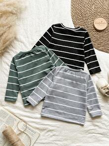 Vintaside Kids 3pcs/Set Newborn Baby Boy Striped Long Sleeve T-Shirt,Autumn Casual Round Neck Undershirt,Black White/Gray Green,Back-To-School Carrer Day School - Multicolor - View 2