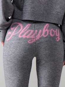 Missguided x Playboy Script Knitted Cropped Jumper And Flared Leggings Matching Co-Ord Set Winter Loungewear Outfit - Grey - View 6