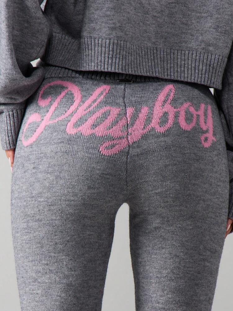 Missguided x Playboy Script Knitted Cropped Jumper And Flared Leggings Matching Co-Ord Set Winter Loungewear Outfit