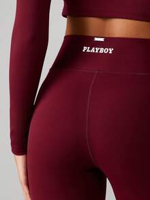 Missguided x Playboy 修身喇叭高腰女士运动裤，阔腿廓形，休闲运动休闲之选 - 酒紅色 - 查看 4