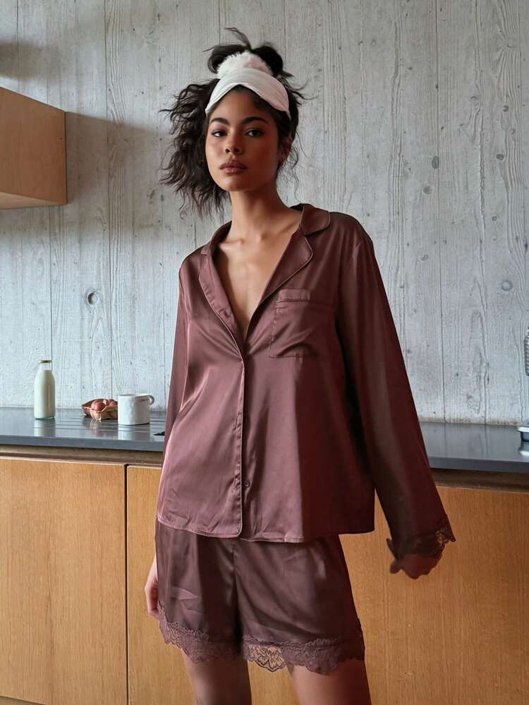 Satin Lace Trim Pajama Set With Long Sleeve Shirt