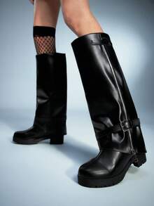Sugerpunk Sepatu Bot Setinggi Lutut Wanita Sol Tebal Warna Polos Kasual untuk Natal - Hitam - View 1