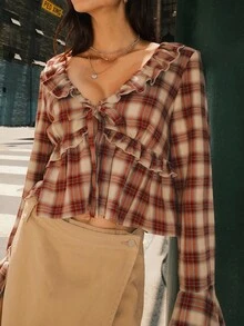 SHEIN EZwear 新款百搭长袖深V领格子衬衫，前系带荷叶边下摆，适合休闲、派对、通勤、返校、约会、居家、生日等场合，尺码齐全。 - 彩色 - 查看 8