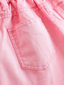 Girlism 女童白色刺绣图案粉色牛仔背带短裤