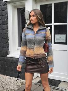 SHEIN Unity Cárdigan de punto ajustado con cremallera y manga larga de color contrastante para mujer, para otoño/invierno - Multicolor - Ver 7