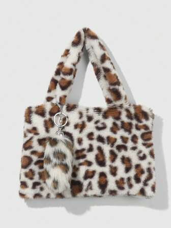 Goth 2 Stücke minimalistischer, lässiger, süßer, vielseitiger, retro-chic College-Stil Herbst/Winter Kunstfell Weiß Leopard Tiger Muster Handtasche + Kunstfell Leopard Mini Tier Schwanz Schlüsselanhänger Taschenbaumler Kombi-Set, geeignet für Frauen Pendeln Alltag, Urlaubsgeschenk