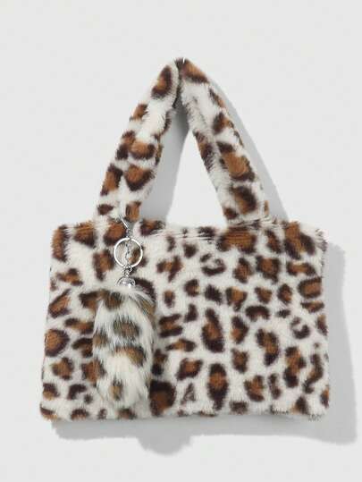 ROMWE Goth 2 pezzi Set combo di borsa casual minimalista carina e versatile in stile retrò college, con stampa animalier leopardo e tigre in finta pelliccia di coniglio bianca, adatta per uso quotidiano e regalo, + portachiavi ciondolo in finta pelliccia leopardata a forma di coda di animale