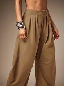 Hauture Basic Summer Casual Solid Charcoal Pleated Oversized Barrel Pants - Brown - View 2