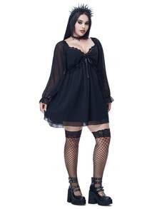 Coolane Đầm đen dài tay cổ chữ V bất đối xứng, thắt eo, cổ tròn, tay phồng, ren, gợi cảm, phong cách Gothic Y2K, thích hợp mặc mọi mùa Thu/Đông dành cho nữ - màu đen - Xem 5