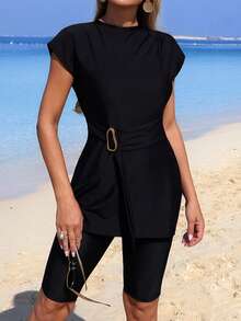 Swim Mulvari 3pcs Women's Black Sleeveless Dress Set With Belt, Round Neck Midi Dress, And Fitted Shorts, Conservative Beach Burkini Set, Spring/Summer - Black - View 10