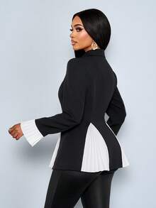 SOLERSUN Women's Elegant 2 In 1 Black Waist-Cinching Long Sleeve Metal Decorated Pleated Ruffle Suit Blazer ,Ruched Waist 3D Cut Peplum Hem Fitted Long Sleeve Blazer, Black Fall Cloth For Women,New Years Women, Business Casual Woman, Office Wear Women, Black Elegant, Fall/Winter - Black and White - View 2