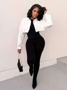 Alexandranx 前扣式有領長袖短牛仔外套，休閒日常穿著 - 白色 - 查看 3